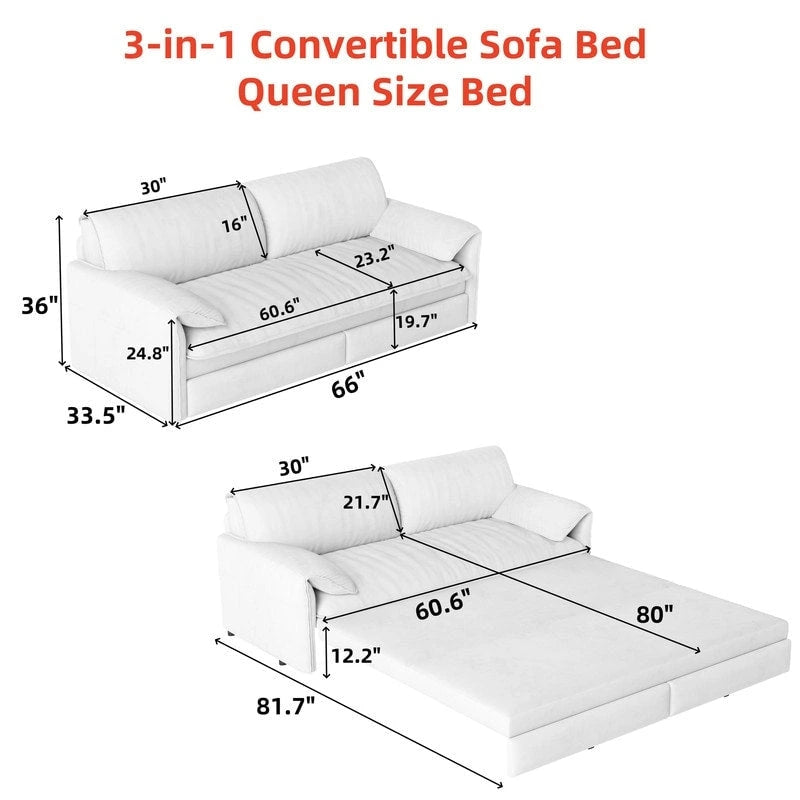 Divano letto estraibile Queen 66, divano letto convertibile 3-in-1 con vano portaoggetti laterale