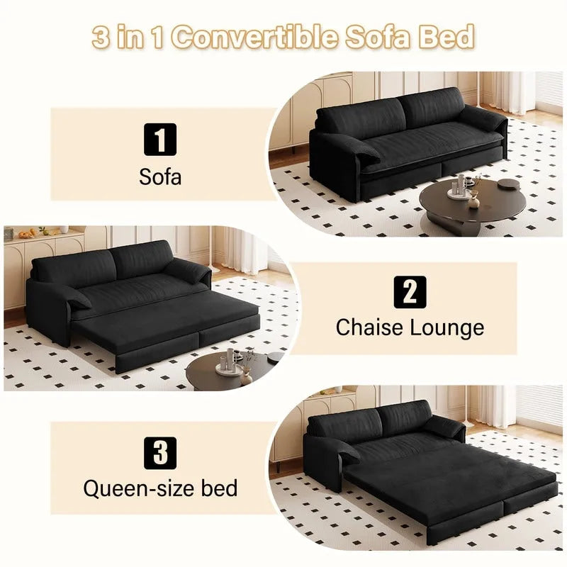 Divano letto estraibile Queen 66, divano letto convertibile 3-in-1 con vano portaoggetti laterale
