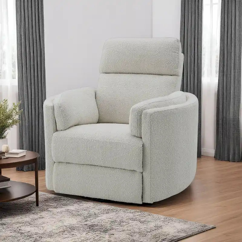 Poltrona reclinabile girevole e a dondolo, in bouclé beige felpato