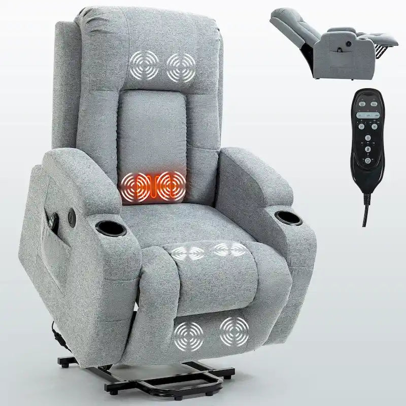 Poltrona Relax Elettrica con Posizione Infinita, Massaggio e Riscaldamento, Doppie Porte USB, Portabicchieri, Tasche Laterali, Ideale per Anziani