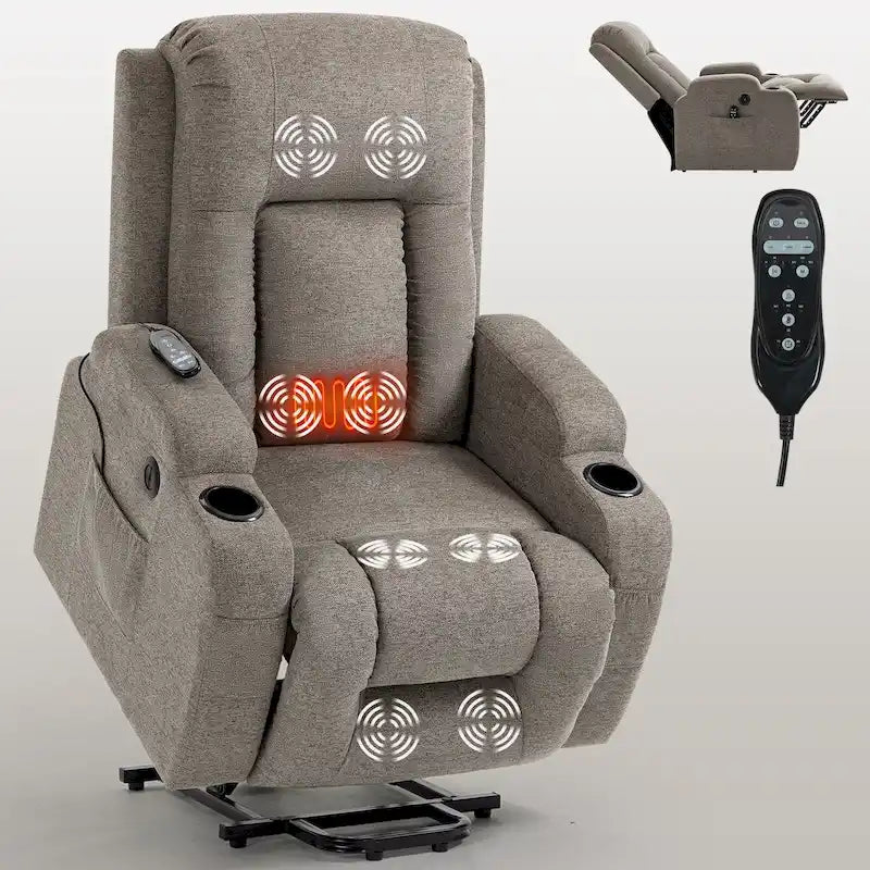 Poltrona Relax Elettrica con Posizione Infinita, Massaggio e Riscaldamento, Doppie Porte USB, Portabicchieri, Tasche Laterali, Ideale per Anziani