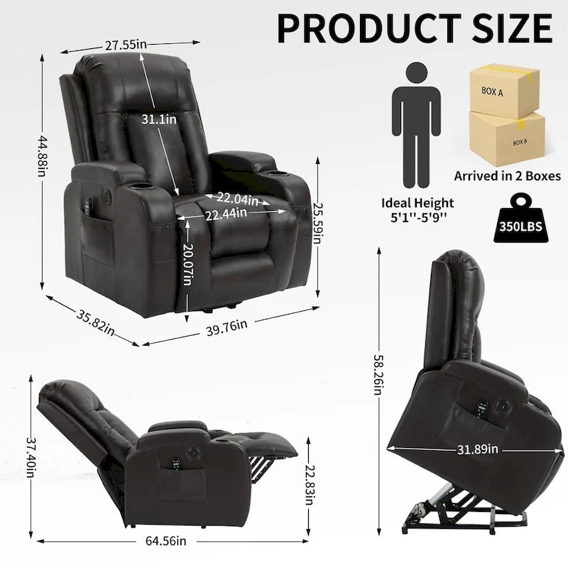 Poltrona Relax Elettrica con Posizione Infinita, Massaggio e Riscaldamento, Doppie Porte USB, Portabicchieri, Tasche Laterali, Ideale per Anziani