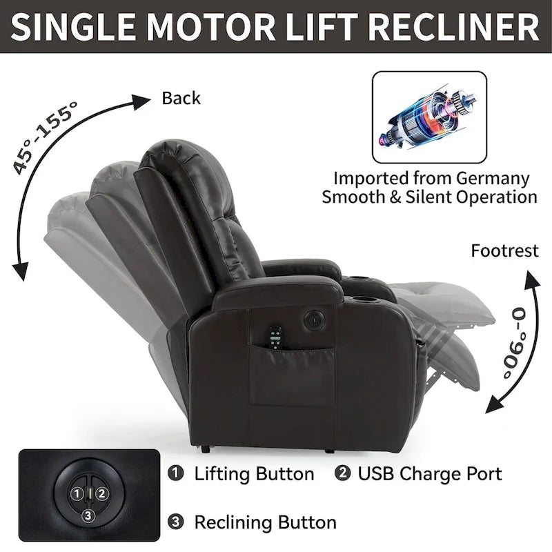 Poltrona Relax Elettrica con Posizione Infinita, Massaggio e Riscaldamento, Doppie Porte USB, Portabicchieri, Tasche Laterali, Ideale per Anziani