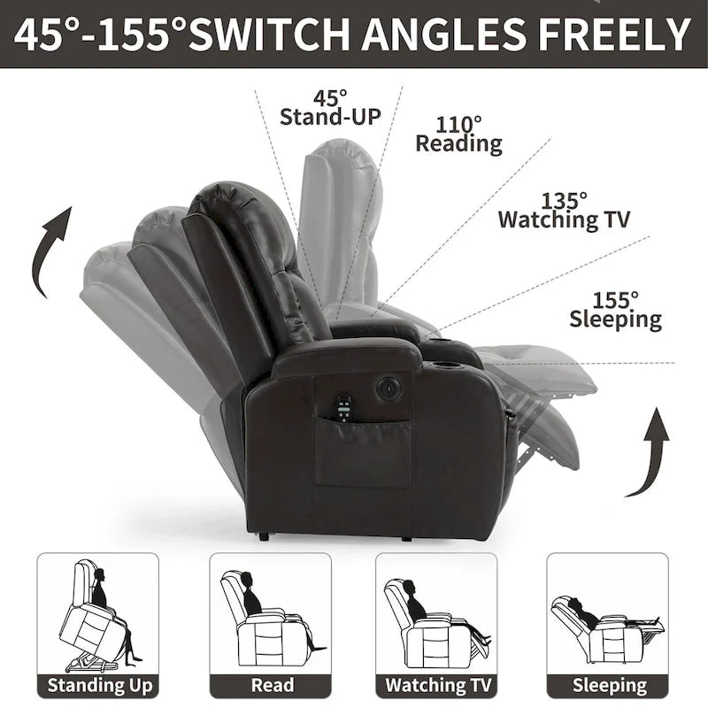 Poltrona Relax Elettrica con Posizione Infinita, Massaggio e Riscaldamento, Doppie Porte USB, Portabicchieri, Tasche Laterali, Ideale per Anziani
