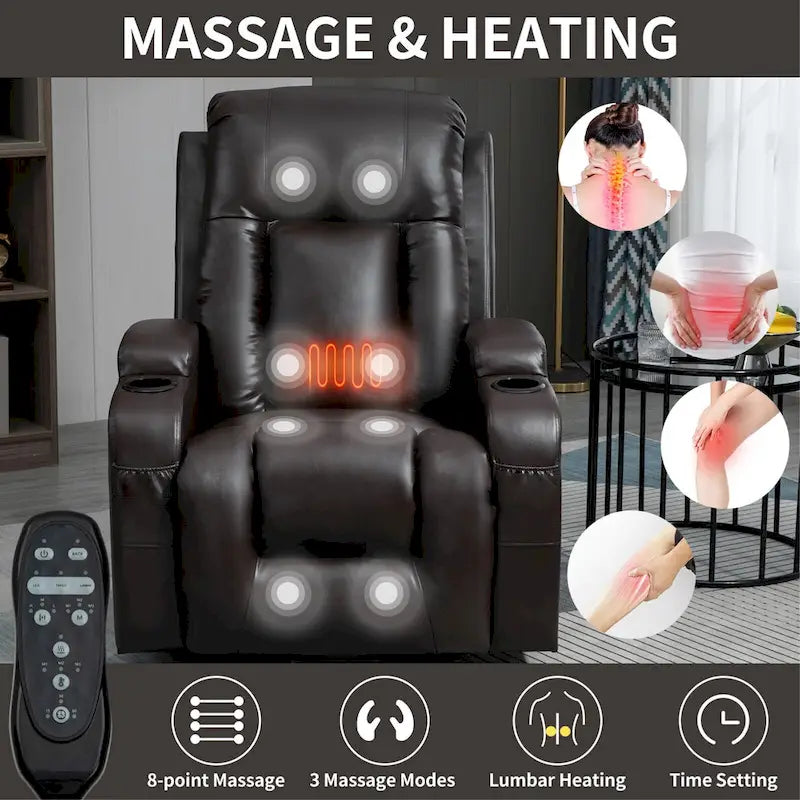 Poltrona Relax Elettrica con Posizione Infinita, Massaggio e Riscaldamento, Doppie Porte USB, Portabicchieri, Tasche Laterali, Ideale per Anziani