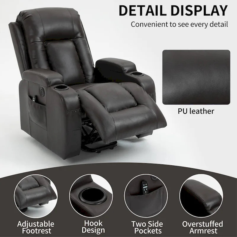 Poltrona Relax Elettrica con Posizione Infinita, Massaggio e Riscaldamento, Doppie Porte USB, Portabicchieri, Tasche Laterali, Ideale per Anziani
