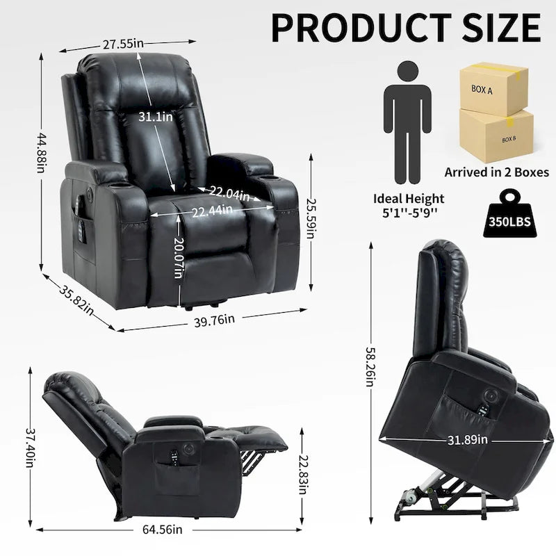 Poltrona Relax Elettrica con Posizione Infinita, Massaggio e Riscaldamento, Doppie Porte USB, Portabicchieri, Tasche Laterali, Ideale per Anziani