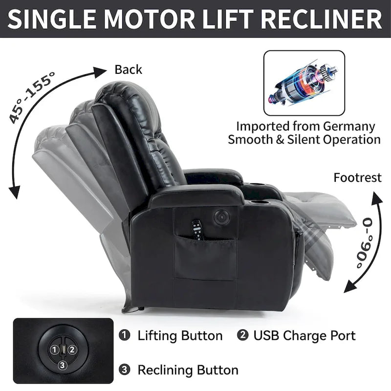 Poltrona Relax Elettrica con Posizione Infinita, Massaggio e Riscaldamento, Doppie Porte USB, Portabicchieri, Tasche Laterali, Ideale per Anziani