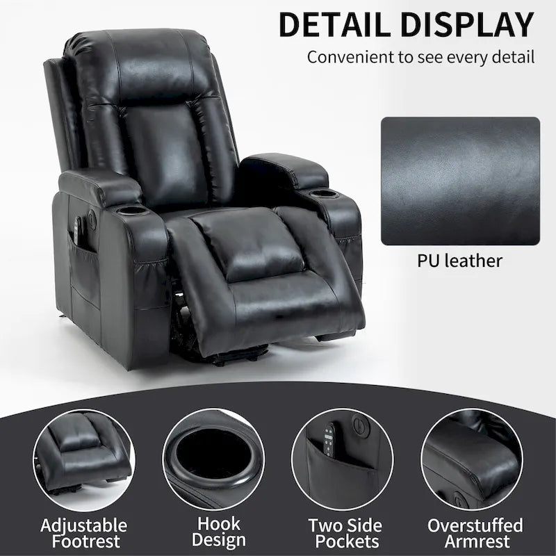 Poltrona Relax Elettrica con Posizione Infinita, Massaggio e Riscaldamento, Doppie Porte USB, Portabicchieri, Tasche Laterali, Ideale per Anziani