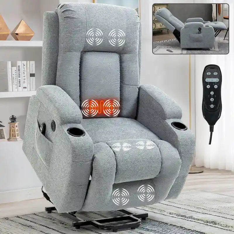 Poltrona Relax Elettrica con Posizione Infinita, Massaggio e Riscaldamento, Doppie Porte USB, Portabicchieri, Tasche Laterali, Ideale per Anziani
