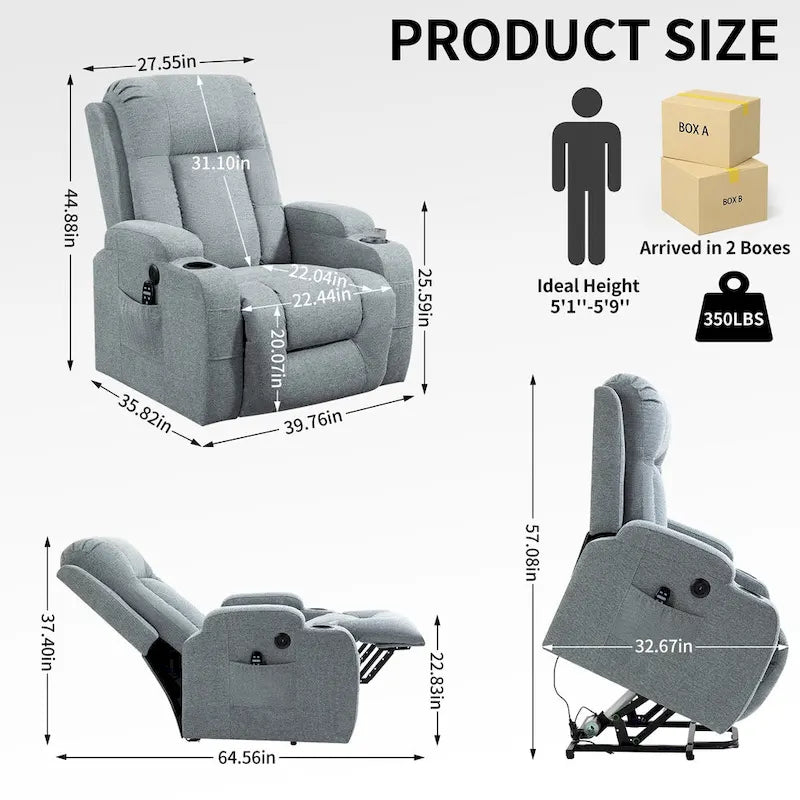 Poltrona Relax Elettrica con Posizione Infinita, Massaggio e Riscaldamento, Doppie Porte USB, Portabicchieri, Tasche Laterali, Ideale per Anziani