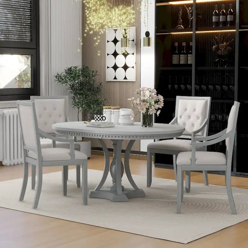 Tavolo da pranzo antico retrò grigio in legno con tavolo rotondo allungabile e 4 sedie