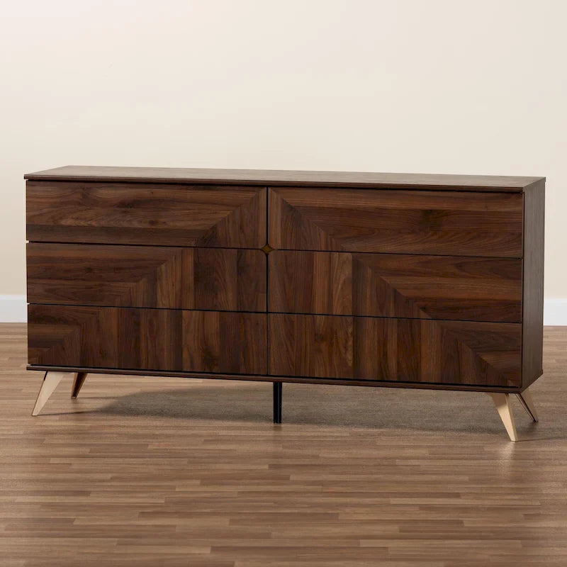 Cassettiera a 6 cassetti in legno con finitura marrone noce, in stile moderno di metà secolo, di transizione