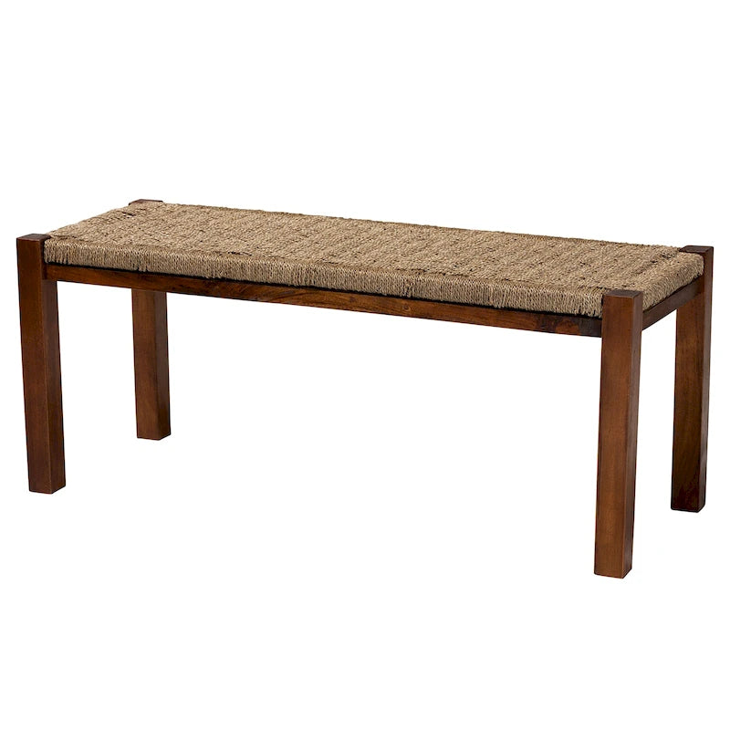 Panca Mid-Century Modern Transizionale in Legno di Mogano e Erba Marina Naturale