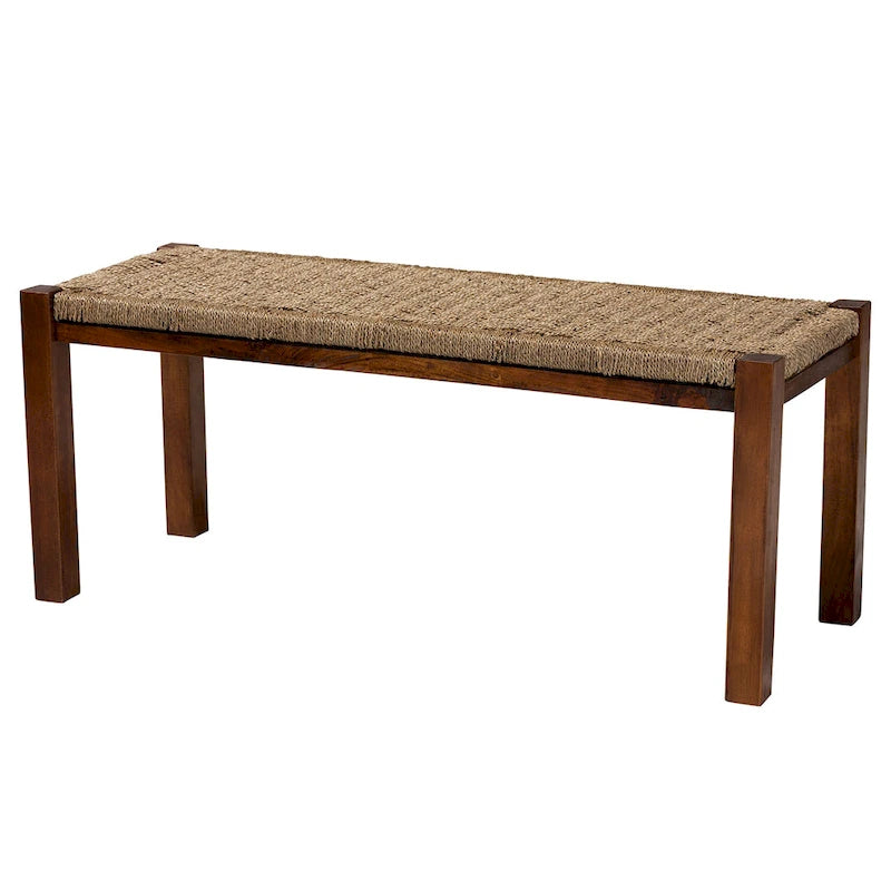 Panca Mid-Century Modern Transizionale in Legno di Mogano e Erba Marina Naturale