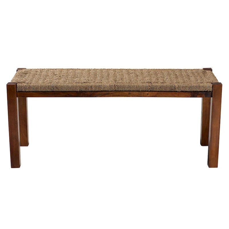 Panca Mid-Century Modern Transizionale in Legno di Mogano e Erba Marina Naturale