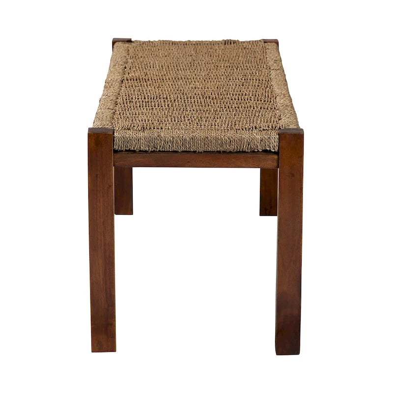 Panca Mid-Century Modern Transizionale in Legno di Mogano e Erba Marina Naturale