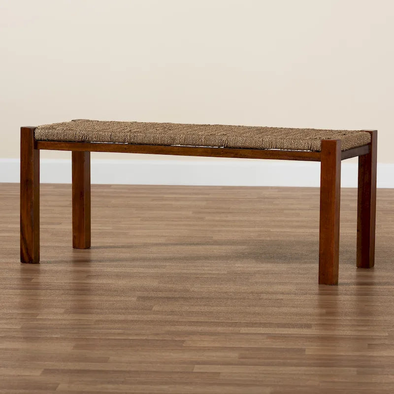 Panca Mid-Century Modern Transizionale in Legno di Mogano e Erba Marina Naturale