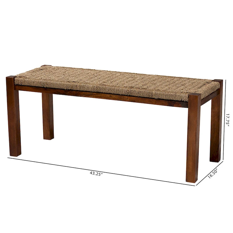 Panca Mid-Century Modern Transizionale in Legno di Mogano e Erba Marina Naturale