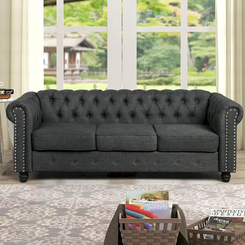 Divano Chesterfield in lino con bottoni a capitonné