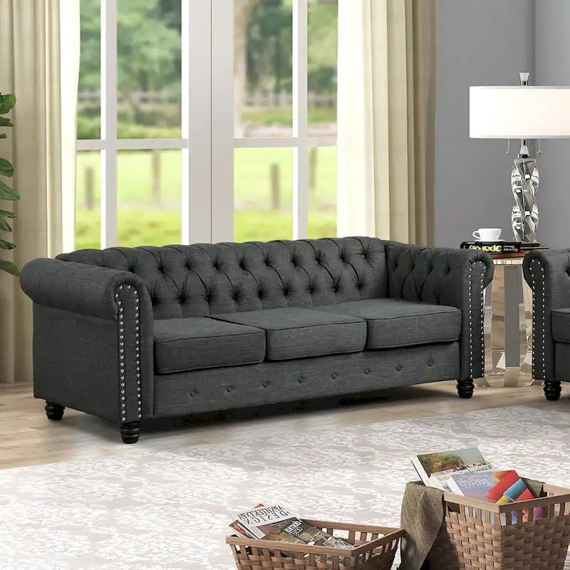 Divano Chesterfield in lino con bottoni a capitonné
