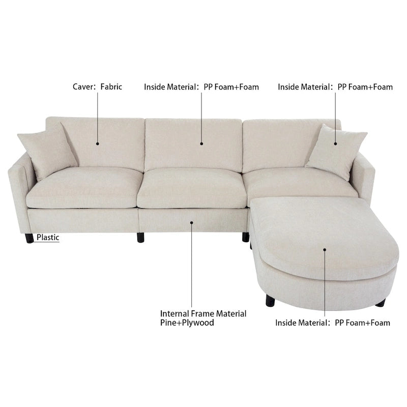 Divano a 3 posti Elegance con cuscini decorativi e pouf per soggiorno