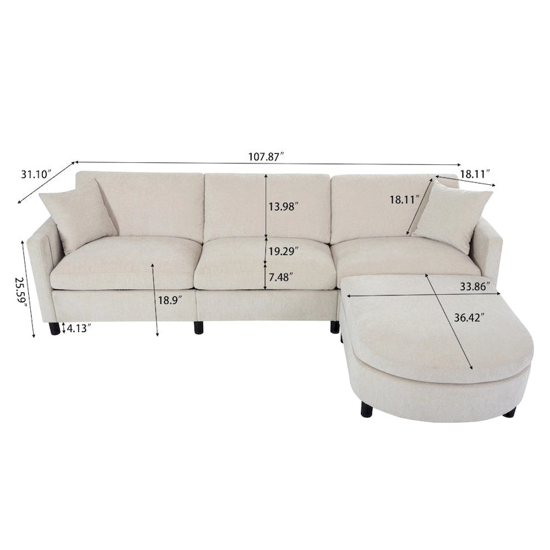 Divano a 3 posti Elegance con cuscini decorativi e pouf per soggiorno