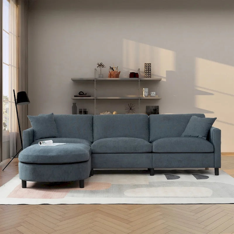 Divano a 3 posti Elegance con cuscini decorativi e pouf per soggiorno