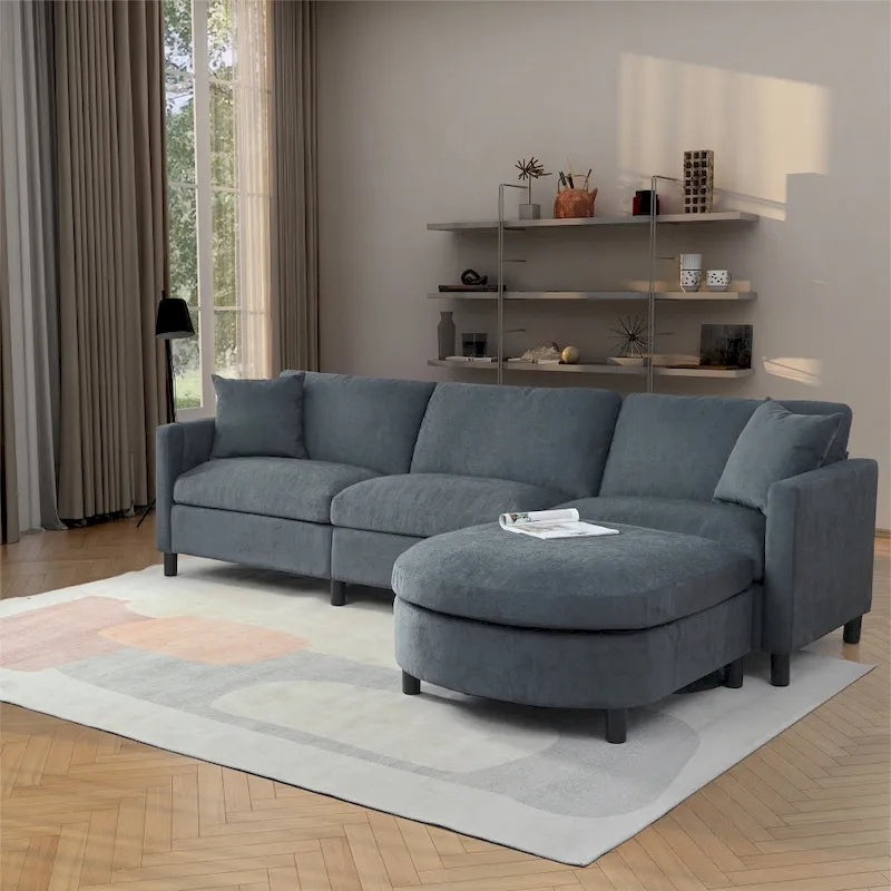 Divano a 3 posti Elegance con cuscini decorativi e pouf per soggiorno