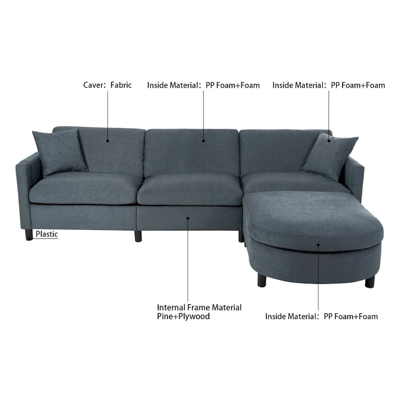 Divano a 3 posti Elegance con cuscini decorativi e pouf per soggiorno