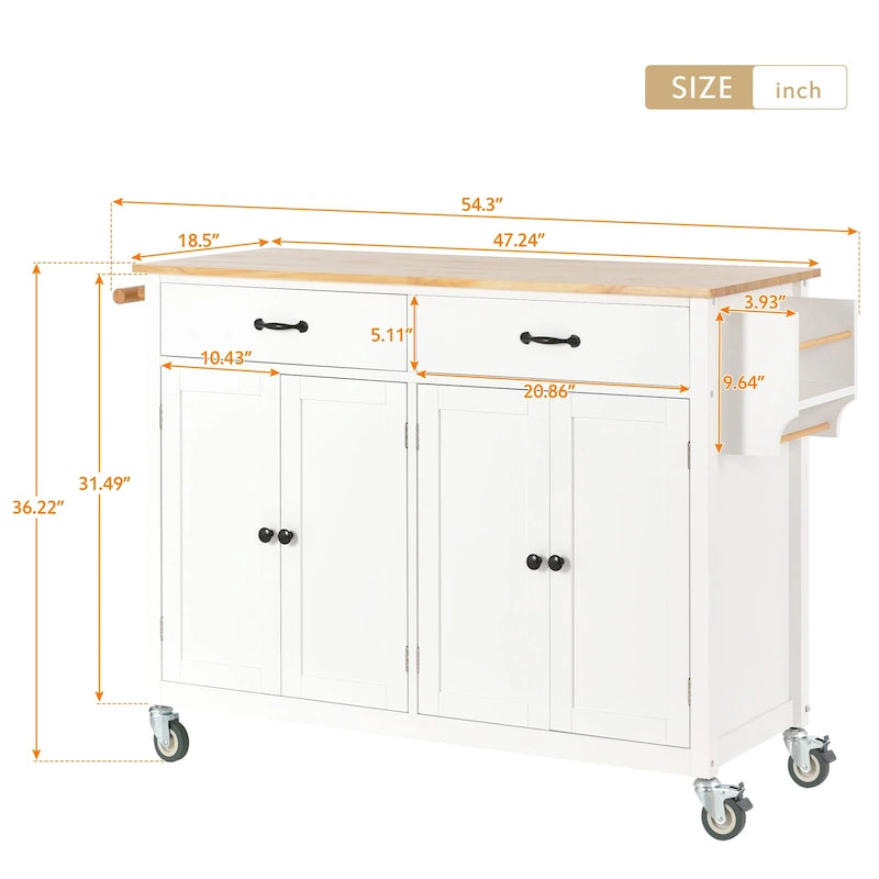 Carrello da cucina con ripiano in legno massiccio e ruote bloccabili