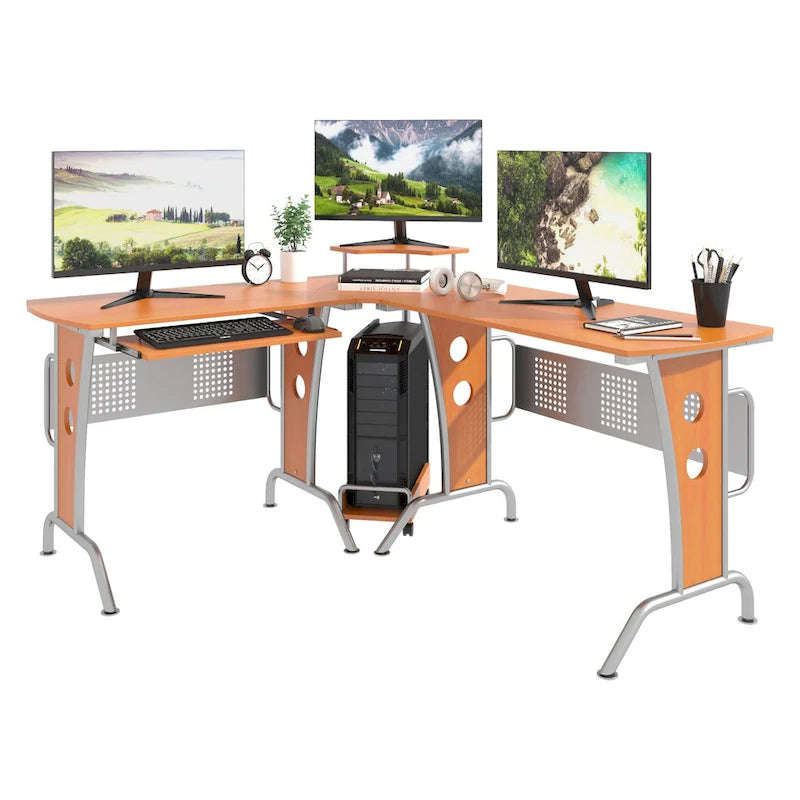 Scrivania angolare a L per computer con ripiano rialzato, vassoio per tastiera estraibile e comodo supporto per CPU