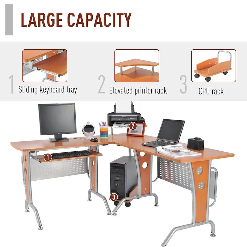 Scrivania angolare a L per computer con ripiano rialzato, vassoio per tastiera estraibile e comodo supporto per CPU