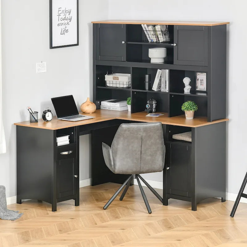 Scrivania ad angolo a L per computer con libreria superiore