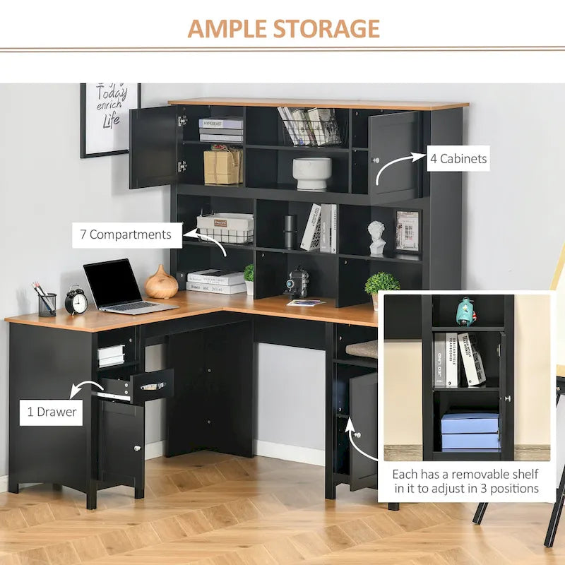 Scrivania ad angolo a L per computer con libreria superiore