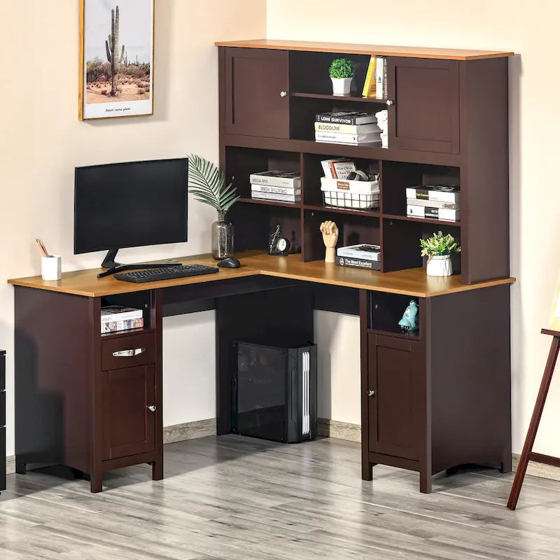 Scrivania ad angolo a L per computer con libreria superiore
