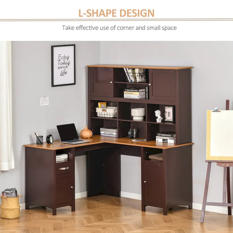 Scrivania ad angolo a L per computer con libreria superiore