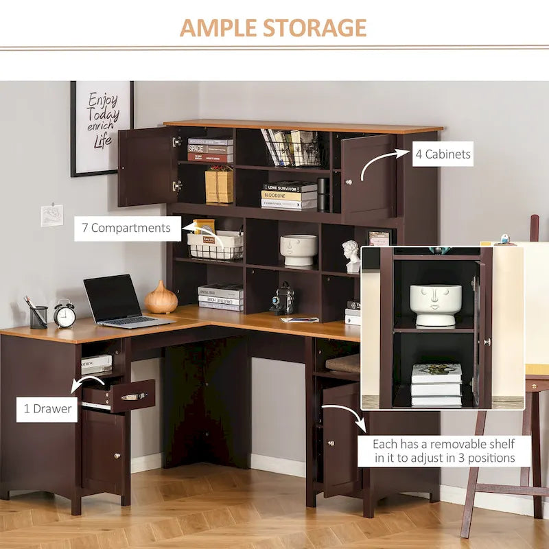 Scrivania ad angolo a L per computer con libreria superiore