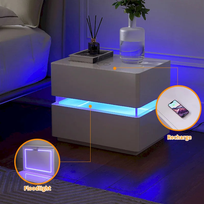 Comodino Intelligente a LED H 17.72 con Stazione di Ricarica e Cassetto per Camera da Letto in Nero/Bianco/Crema