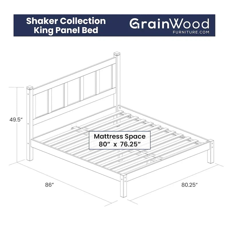 Letto a piattaforma Shaker con pannello in legno massello