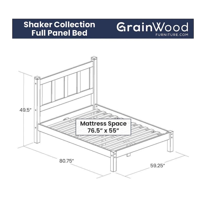 Letto a piattaforma Shaker con pannello in legno massello