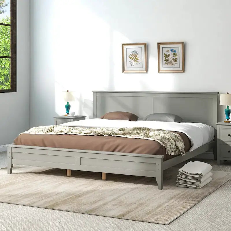 Letto king size con piattaforma in legno massello grigio moderno