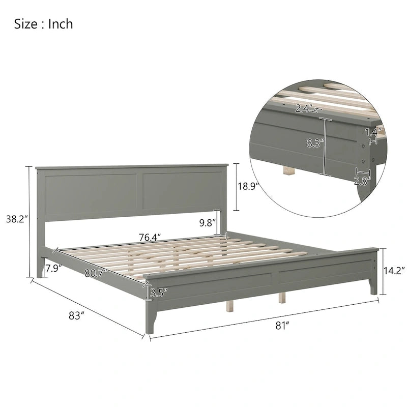 Letto king size con piattaforma in legno massello grigio moderno