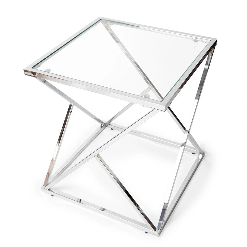 Tavolino Quadrato con Base Cromata Lucida e Piano in Vetro Trasparente