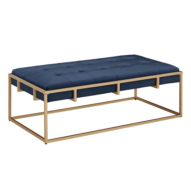 Pouf rettangolare trapuntato in velluto con finitura oro