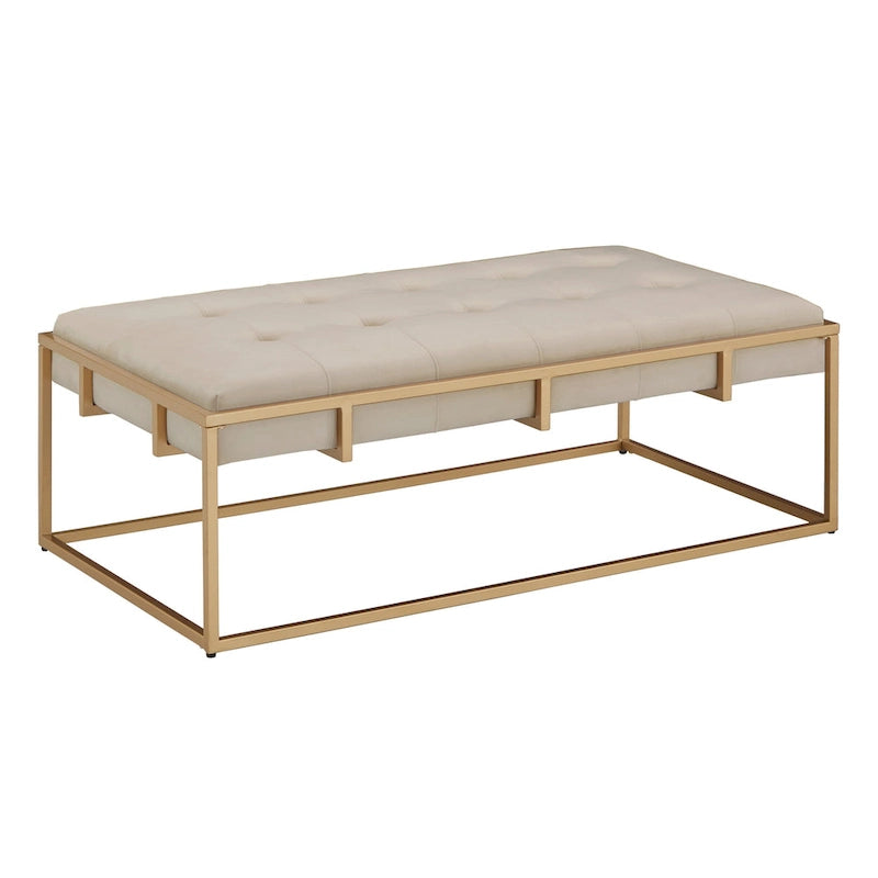 Pouf rettangolare trapuntato in velluto con finitura oro