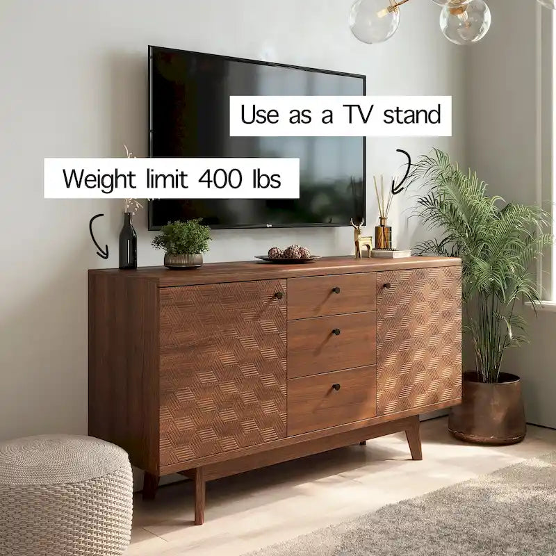 Madia Scandi Buffet Mobile TV con Cassetti e Gambe in Legno per TV fino a 65 pollici