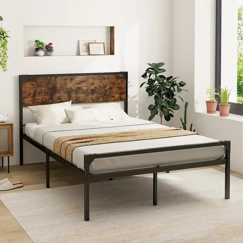 Letto a piattaforma matrimoniale/queen con testiera e pediera rustiche