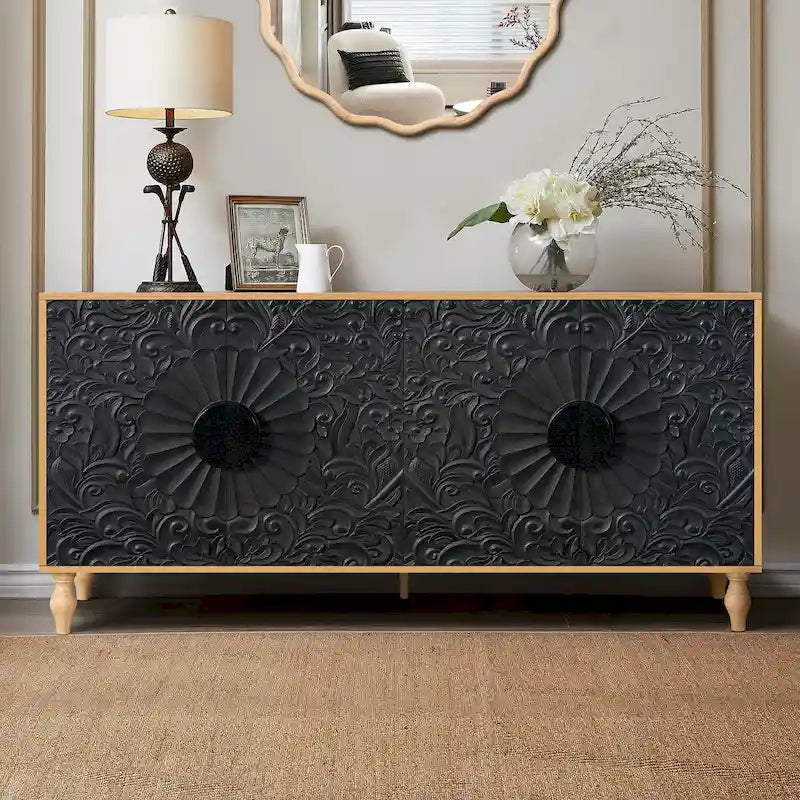 Anta con design simmetrico intagliato e cornice color legno per tavolino porta TV