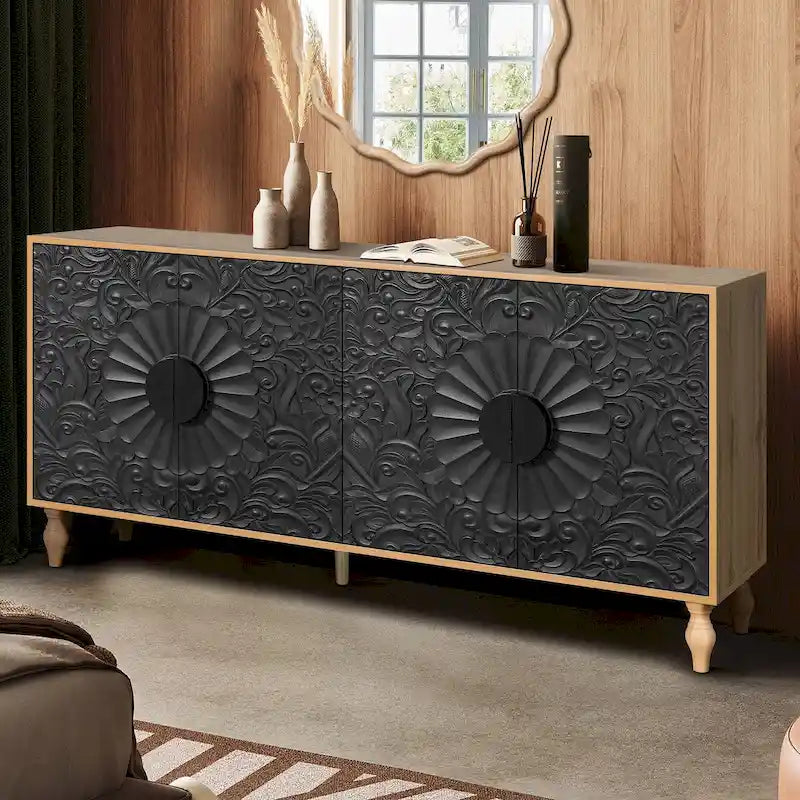 Anta con design simmetrico intagliato e cornice color legno per tavolino porta TV